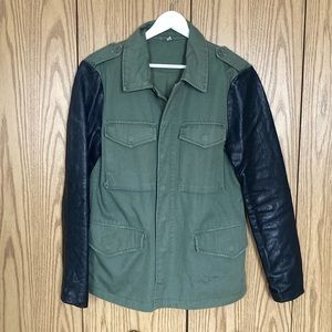 Military style jacket with leather sleeves